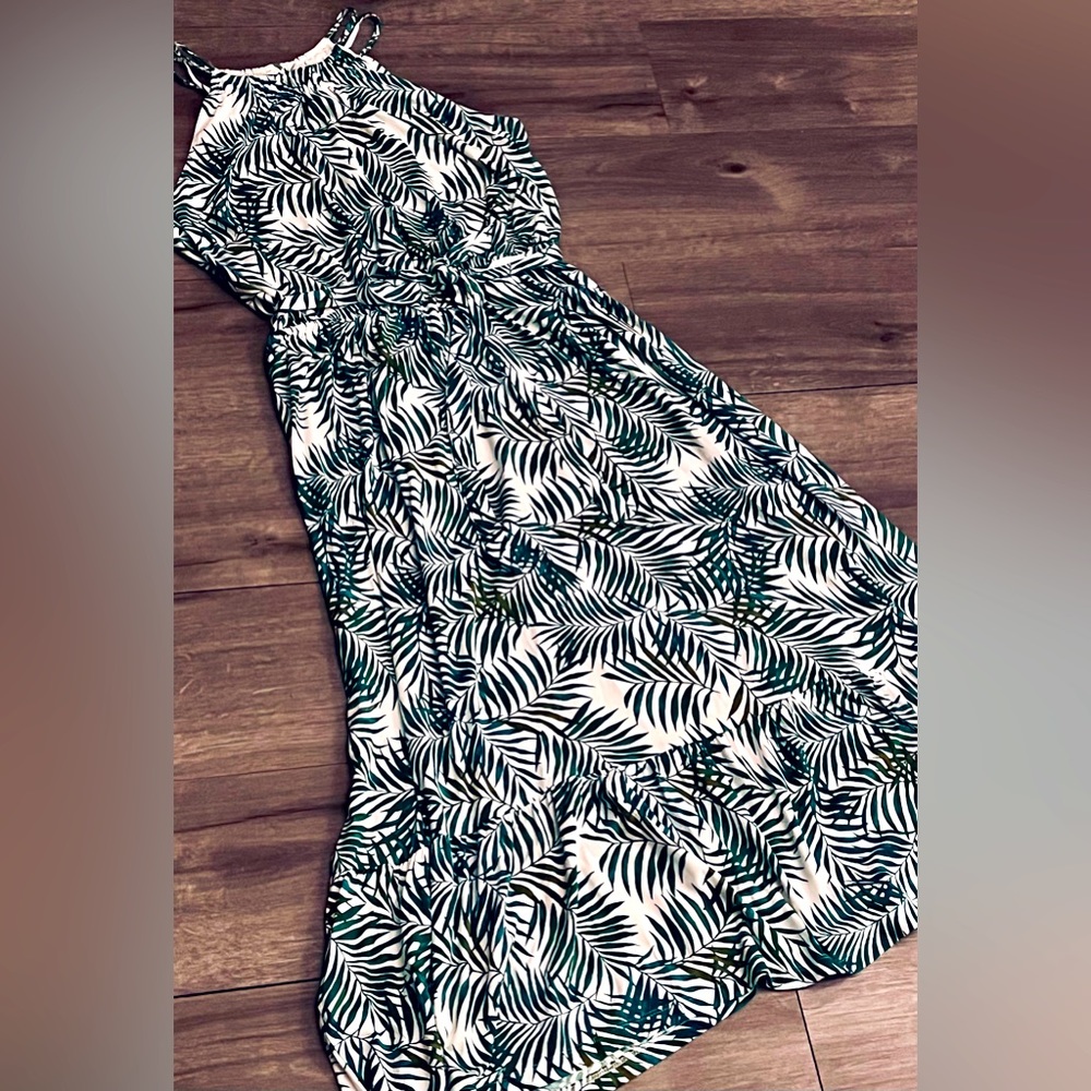 LOFT Palm Green Flounce Halter Midi Dress L